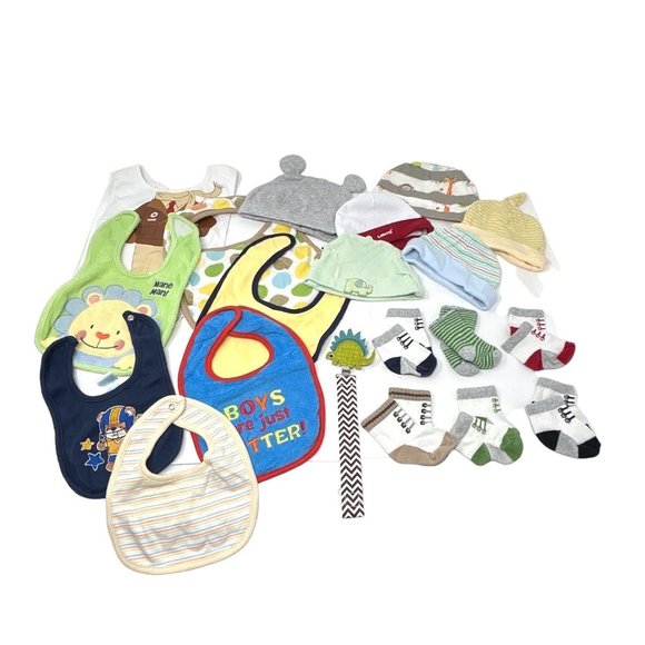 Baby‎ Boy's Accessories - 7 Bibs, 6 Hats, 6 Booties/Socks, & 1 Pacifier Holder - Picture 1 of 6